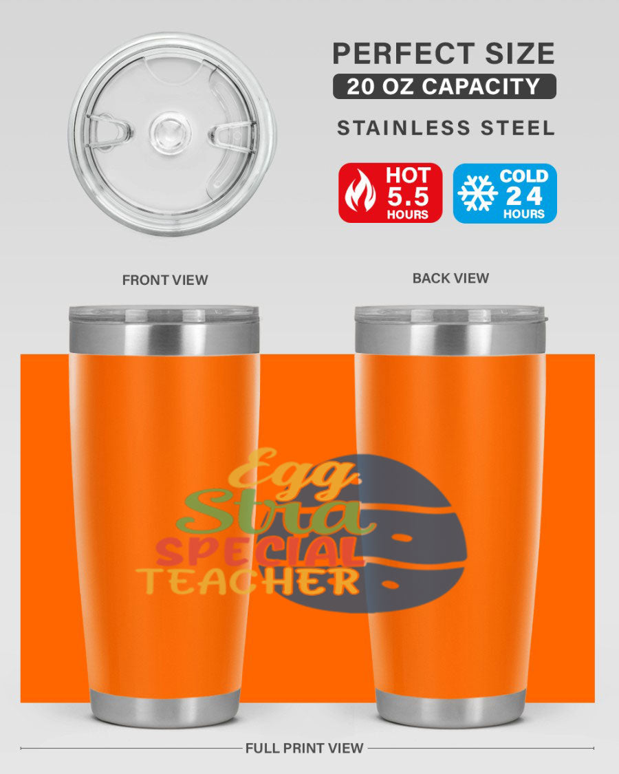 Egg Stra Special Teacher Tumbler in 20oz and 30oz sizes, showcasing double wall vacuum stainless steel design with a drink-thru lid.