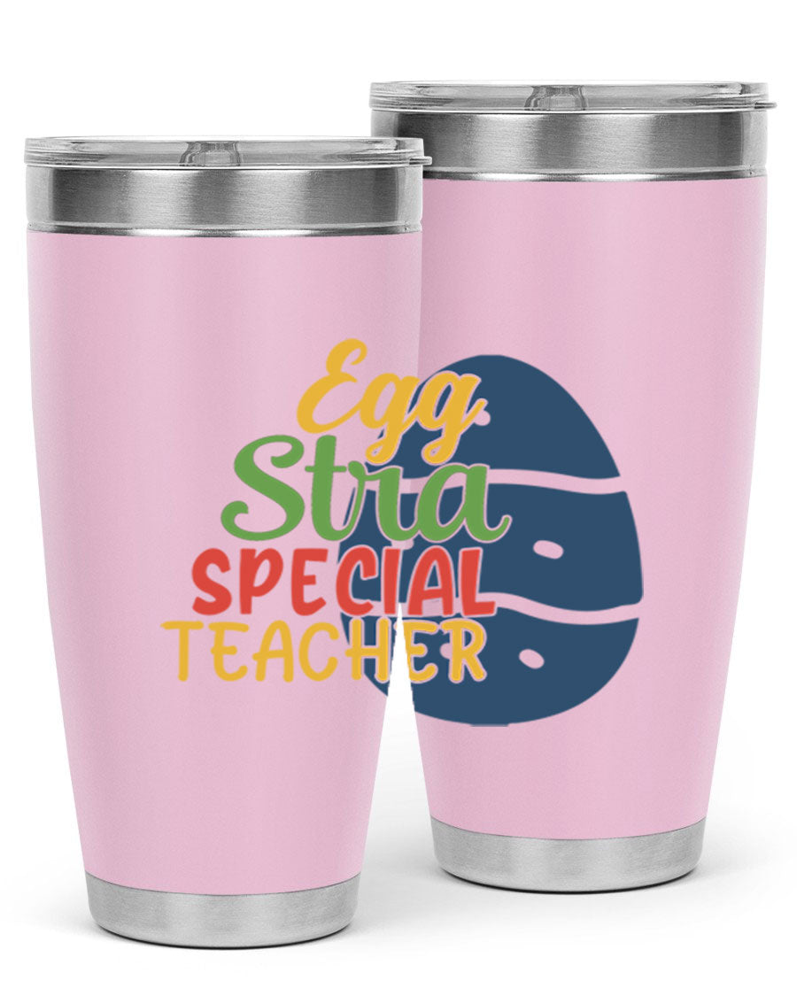 Egg Stra Special Teacher Tumbler in 20oz and 30oz sizes, showcasing double wall vacuum stainless steel design with a drink-thru lid.