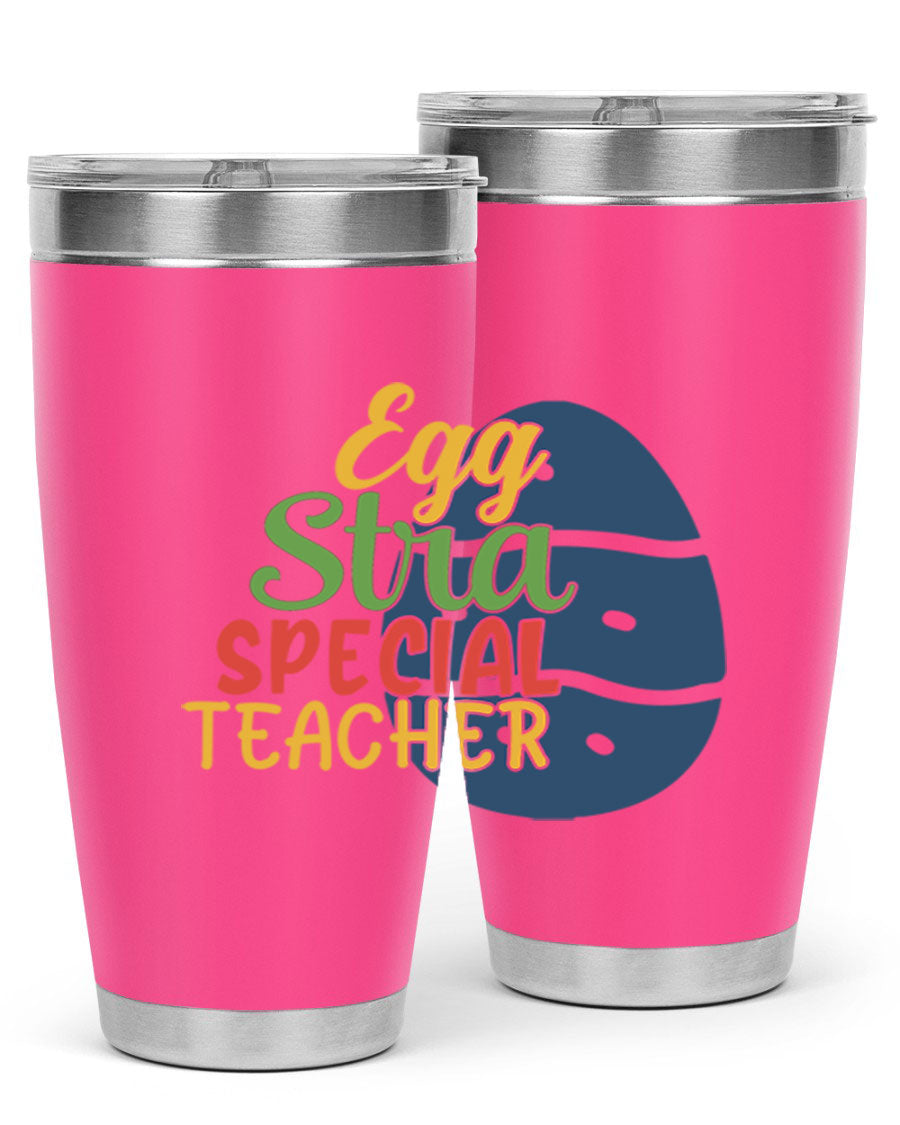 Egg Stra Special Teacher Tumbler in 20oz and 30oz sizes, showcasing double wall vacuum stainless steel design with a drink-thru lid.