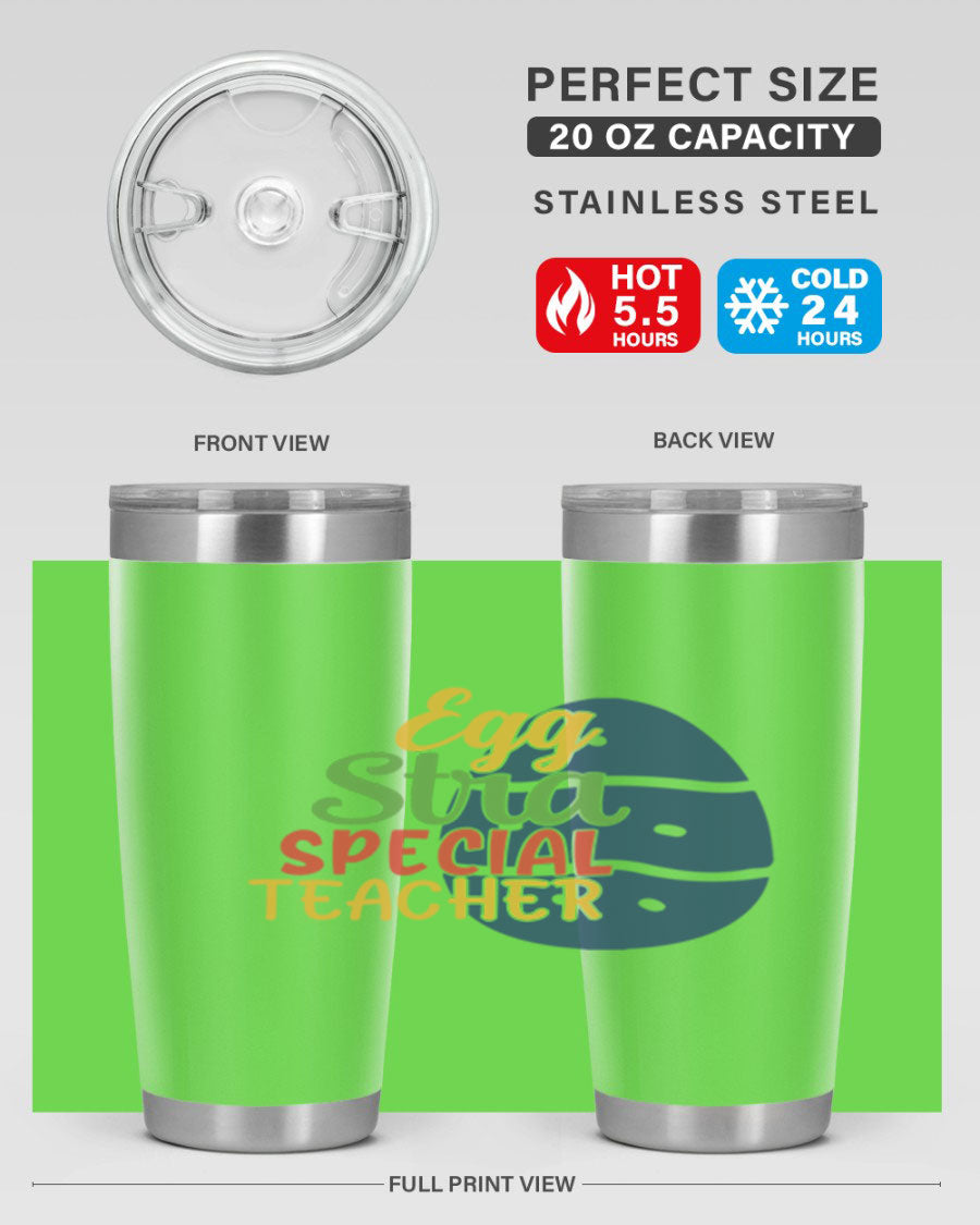 Egg Stra Special Teacher Tumbler in 20oz and 30oz sizes, showcasing double wall vacuum stainless steel design with a drink-thru lid.