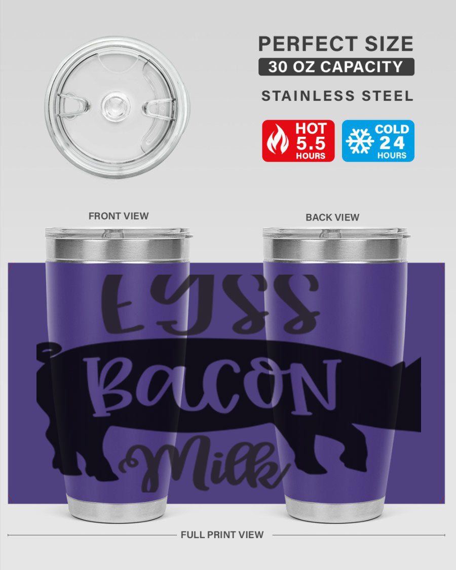 eggs bacon milk 108# tumbler in stainless steel with a drink-thru lid, showcasing its sleek design and double wall insulation.