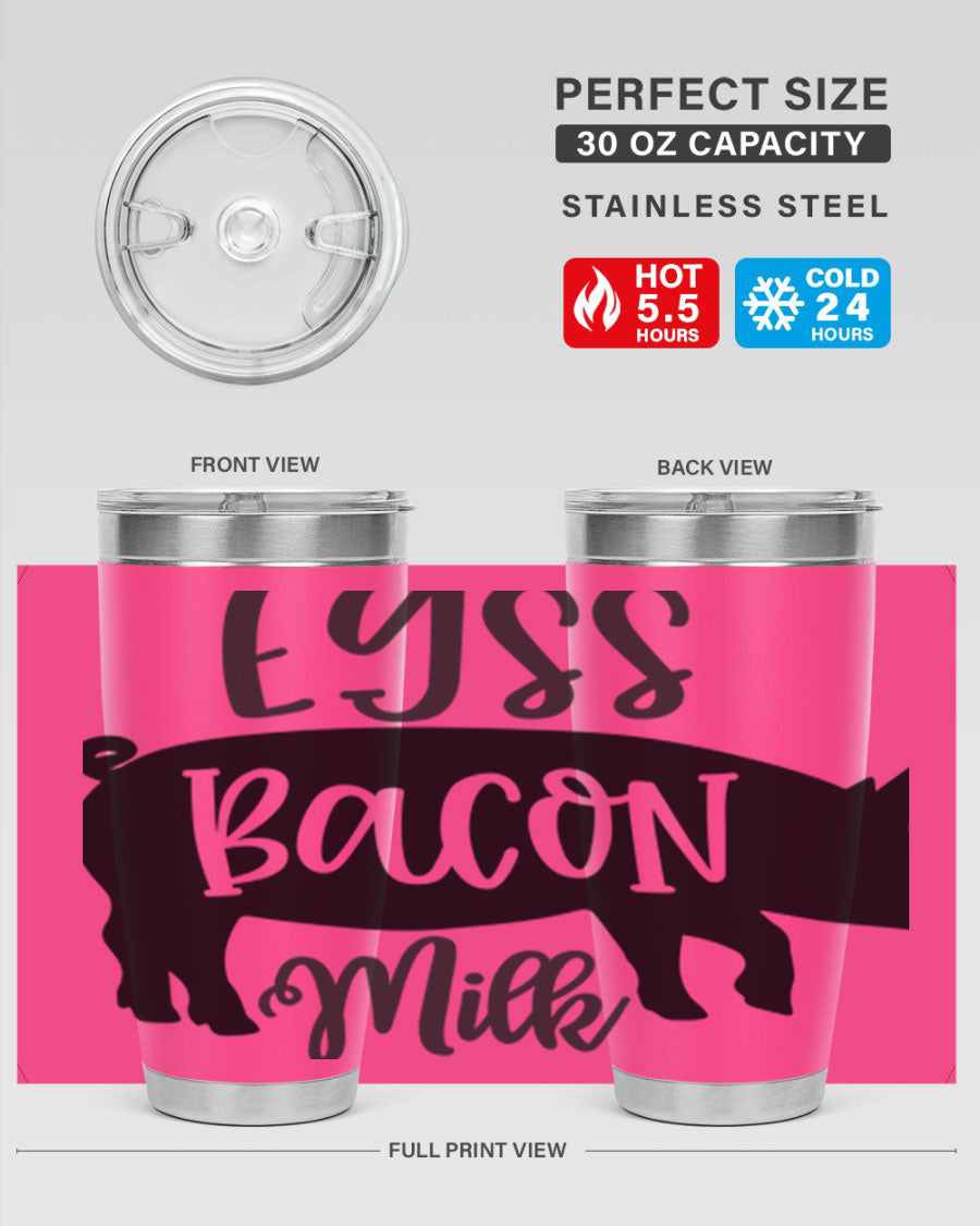 eggs bacon milk 108# tumbler in stainless steel with a drink-thru lid, showcasing its sleek design and double wall insulation.