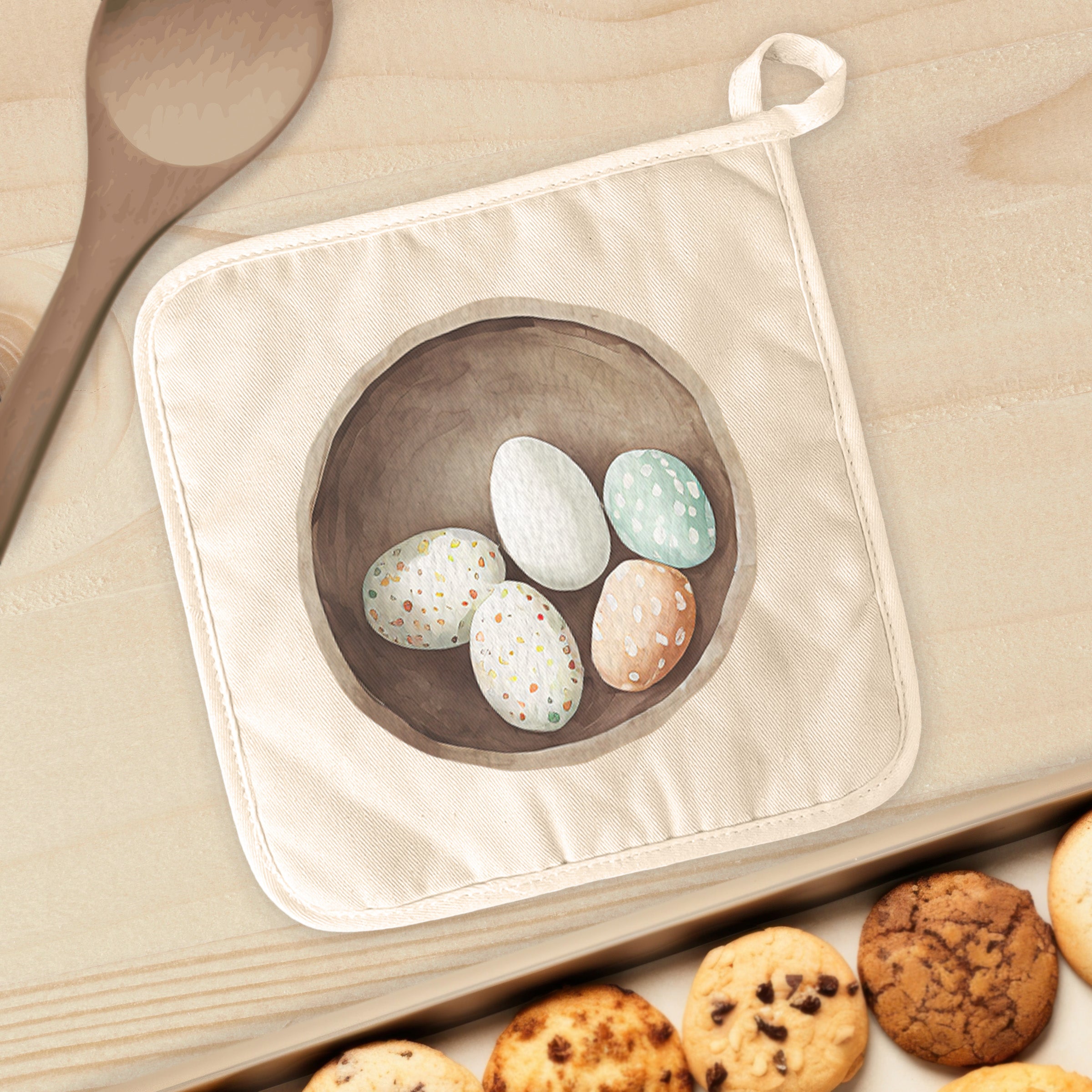 Eggs in a Bowl Cotton Pot Holder featuring vibrant designs and quilted terry cloth for heat protection.