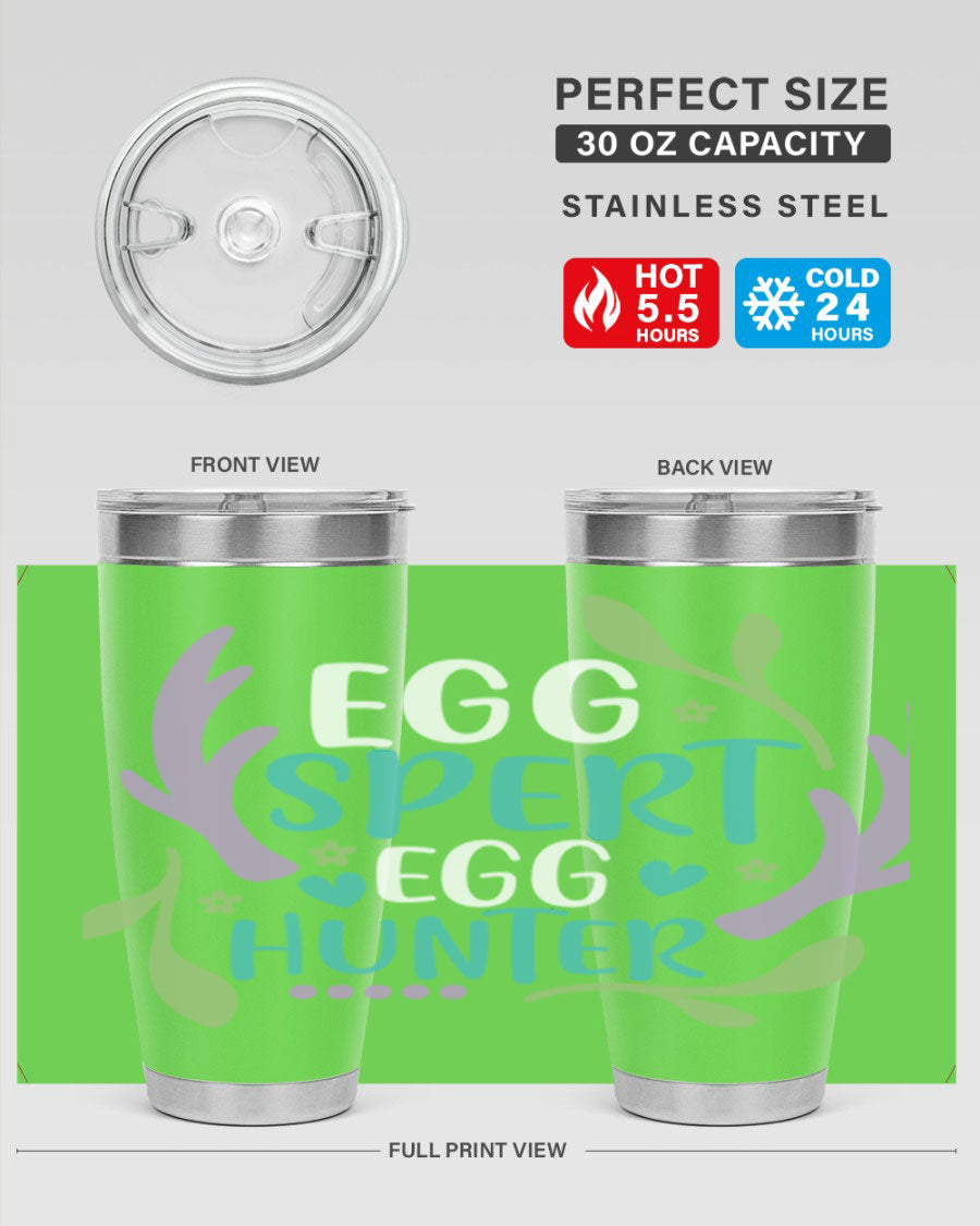 Eggspert Egg Hunter 20oz Tumbler featuring a vibrant Easter design, made from stainless steel with a drink-thru lid.