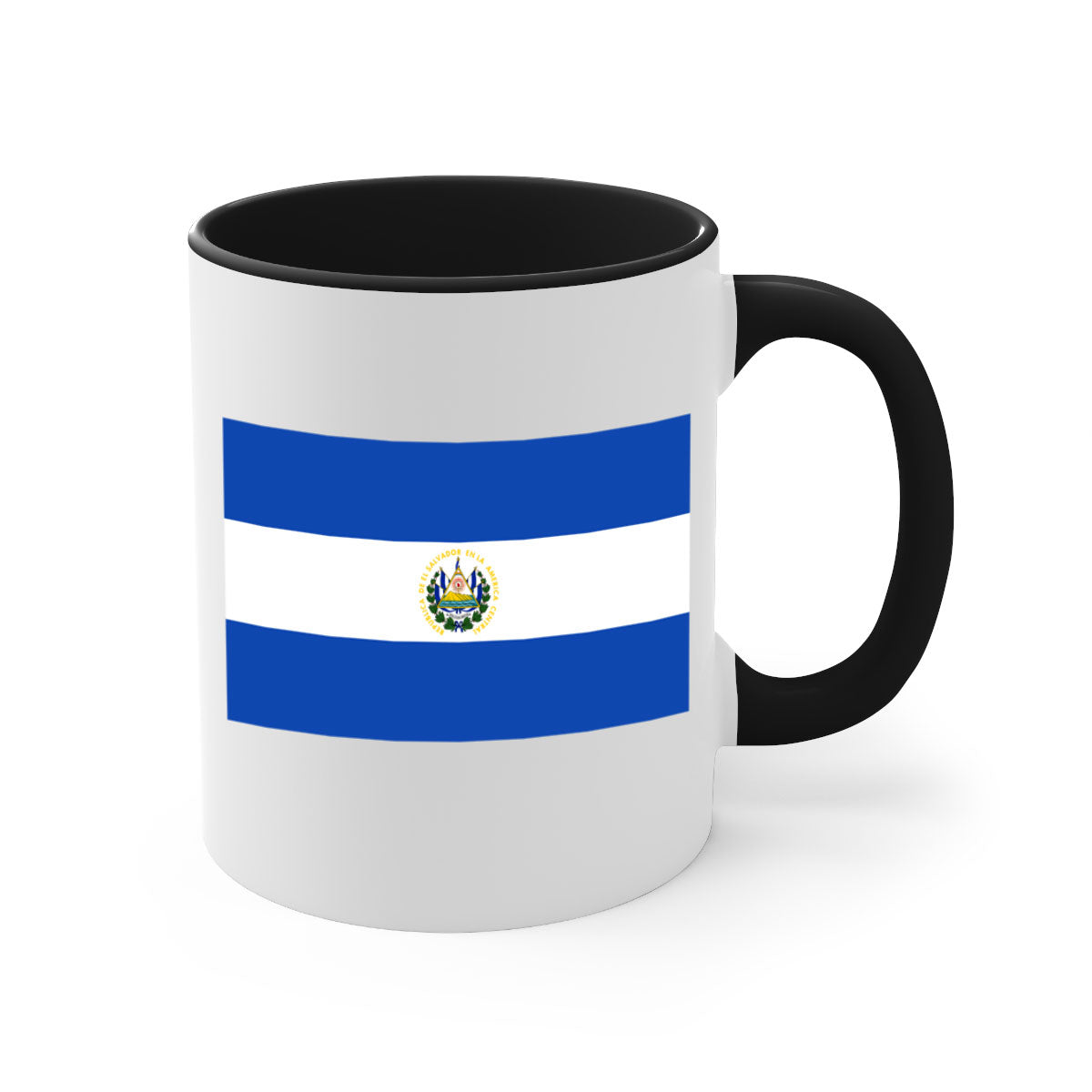 El Salvador 145# Mug featuring a glossy finish, colored handle, and interior, available in multiple colors and sizes.