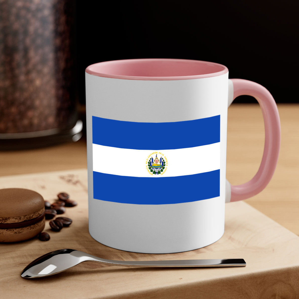 El Salvador 145# Mug featuring a glossy finish, colored handle, and interior, available in multiple colors and sizes.