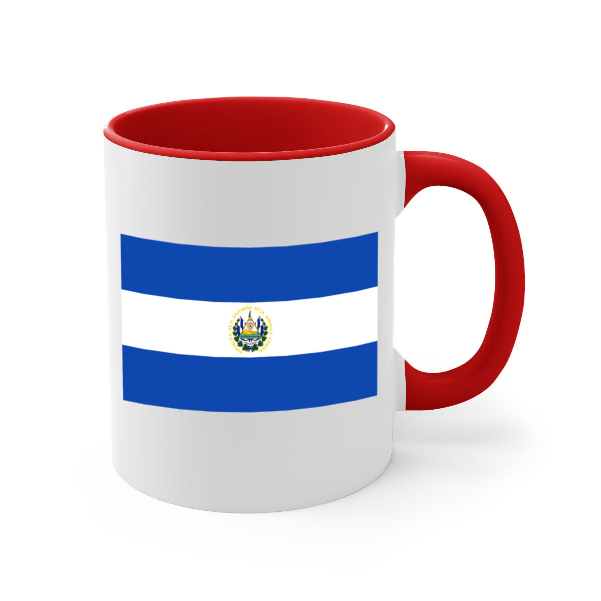 El Salvador 145# Mug featuring a glossy finish, colored handle, and interior, available in multiple colors and sizes.