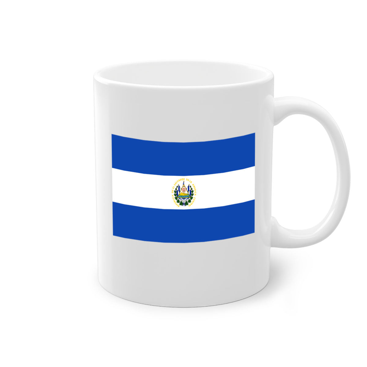 El Salvador 145# Mug featuring a glossy finish, colored handle, and interior, available in multiple colors and sizes.