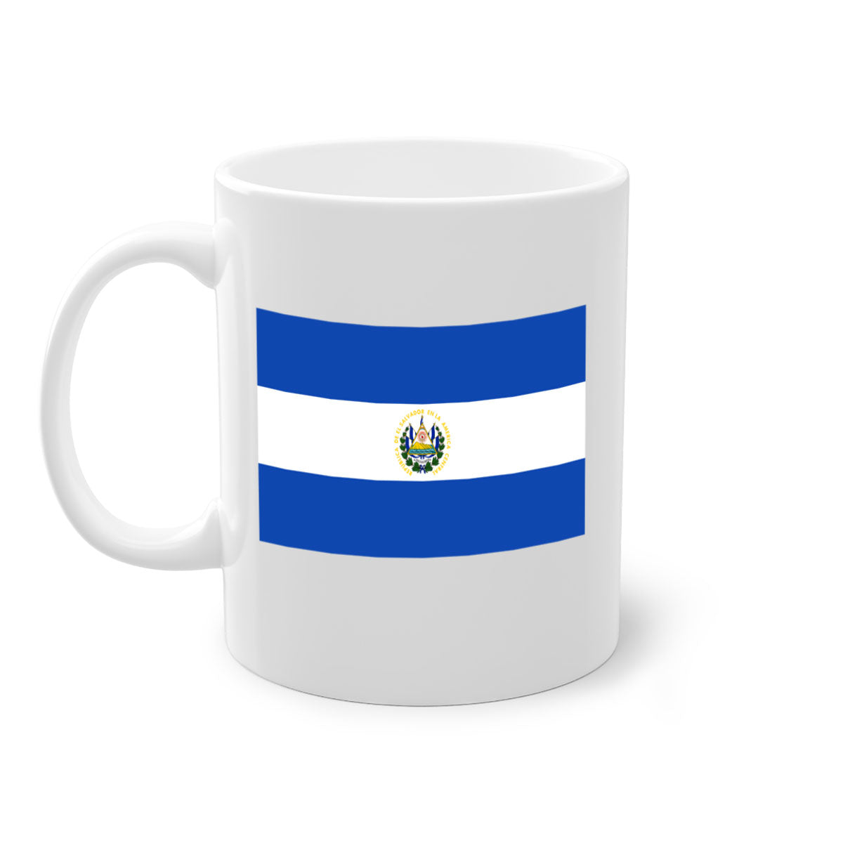 El Salvador 145# Mug featuring a glossy finish, colored handle, and interior, available in multiple colors and sizes.