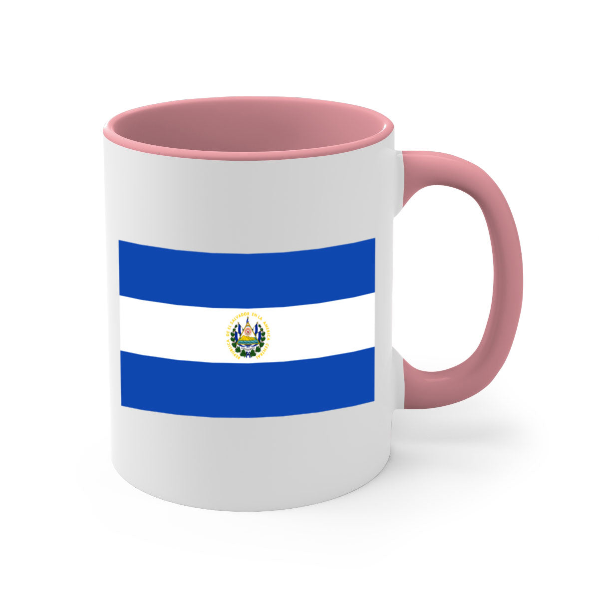 El Salvador 145# Mug featuring a glossy finish, colored handle, and interior, available in multiple colors and sizes.