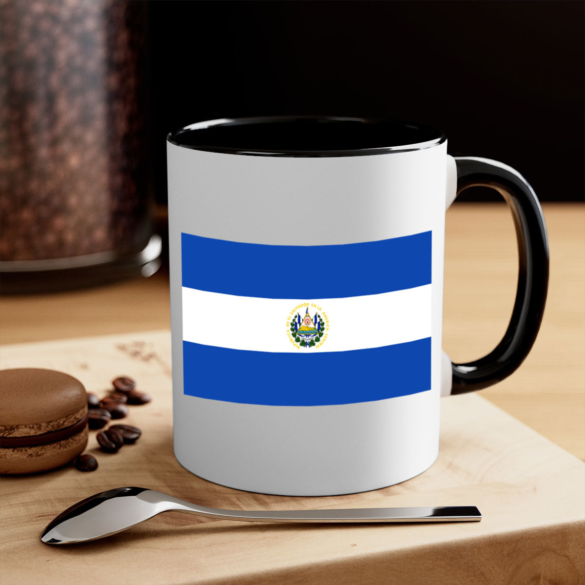 El Salvador 145# Mug featuring a glossy finish, colored handle, and interior, available in multiple colors and sizes.