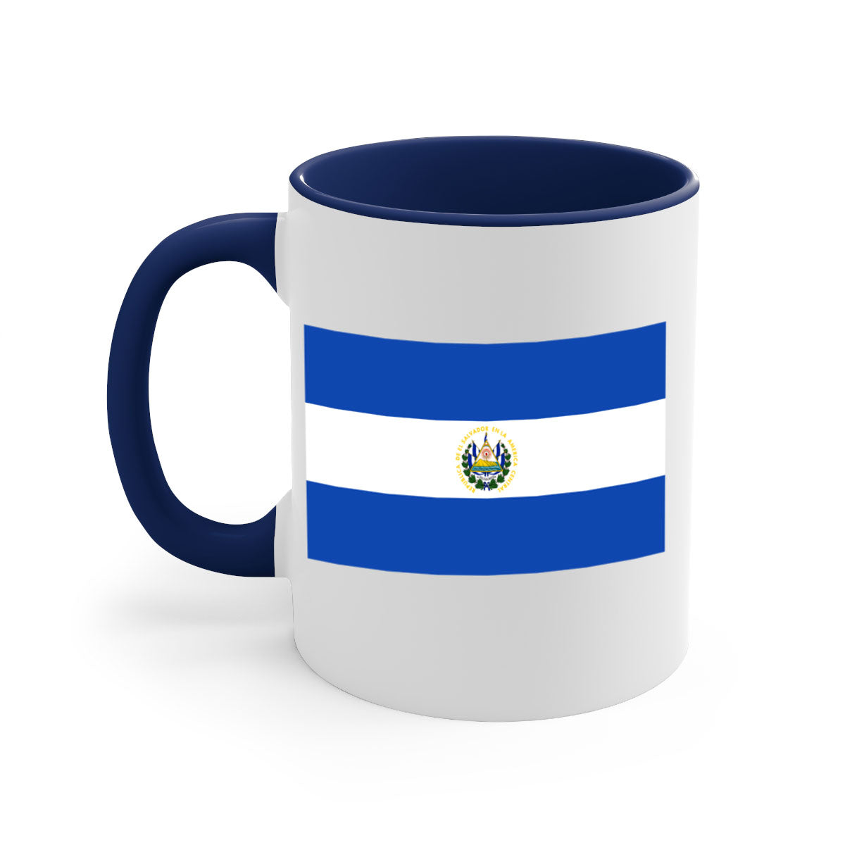 El Salvador 145# Mug featuring a glossy finish, colored handle, and interior, available in multiple colors and sizes.
