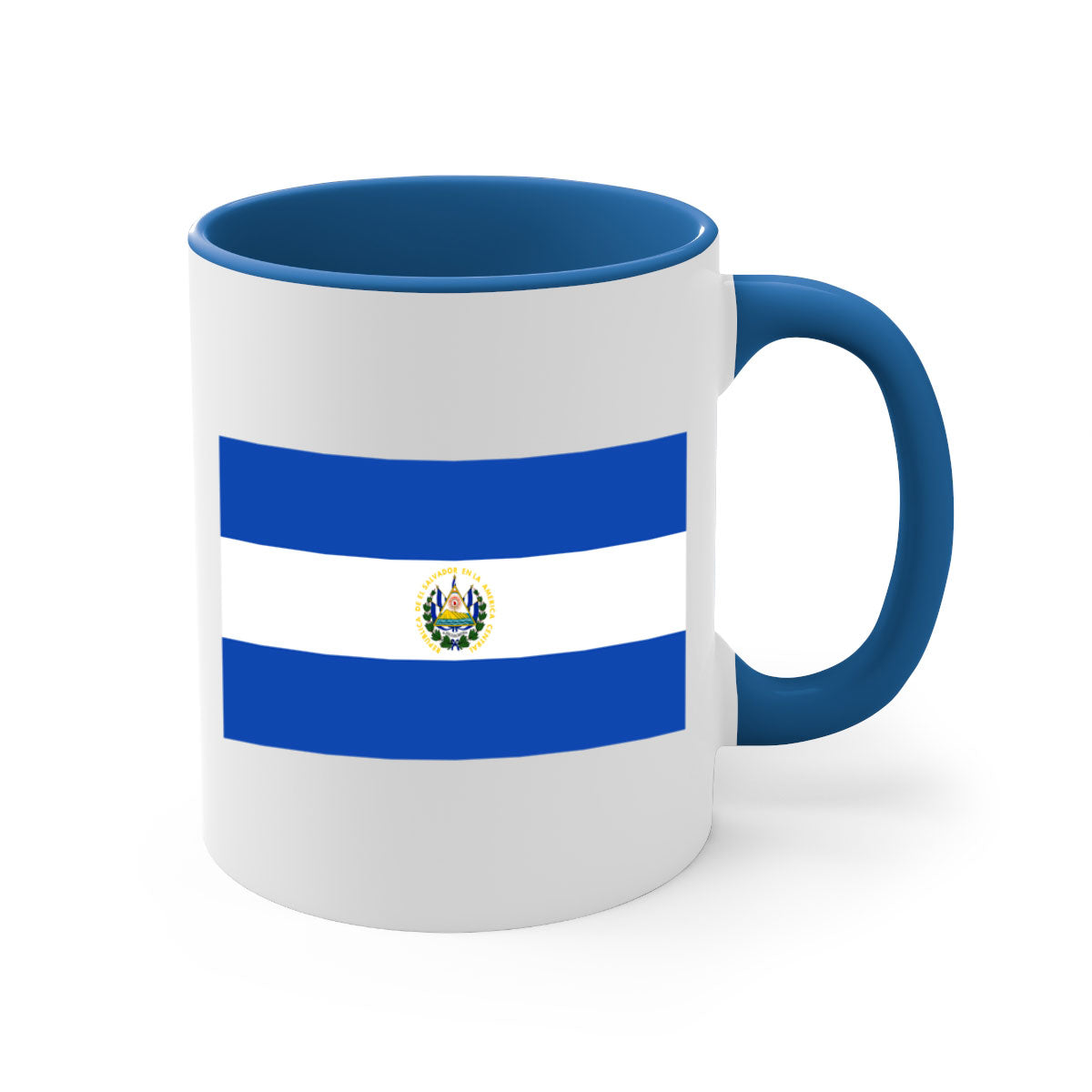 El Salvador 145# Mug featuring a glossy finish, colored handle, and interior, available in multiple colors and sizes.