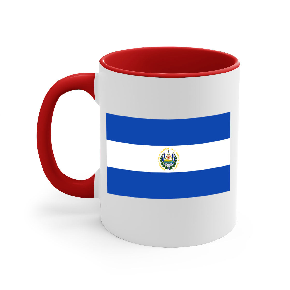 El Salvador 145# Mug featuring a glossy finish, colored handle, and interior, available in multiple colors and sizes.