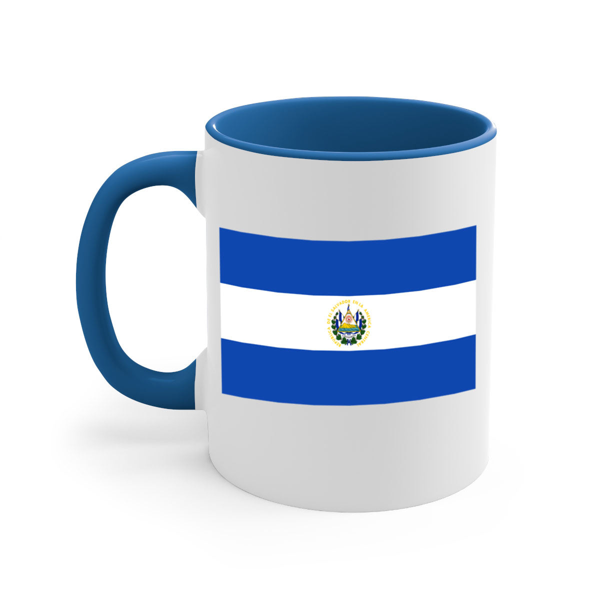 El Salvador 145# Mug featuring a glossy finish, colored handle, and interior, available in multiple colors and sizes.