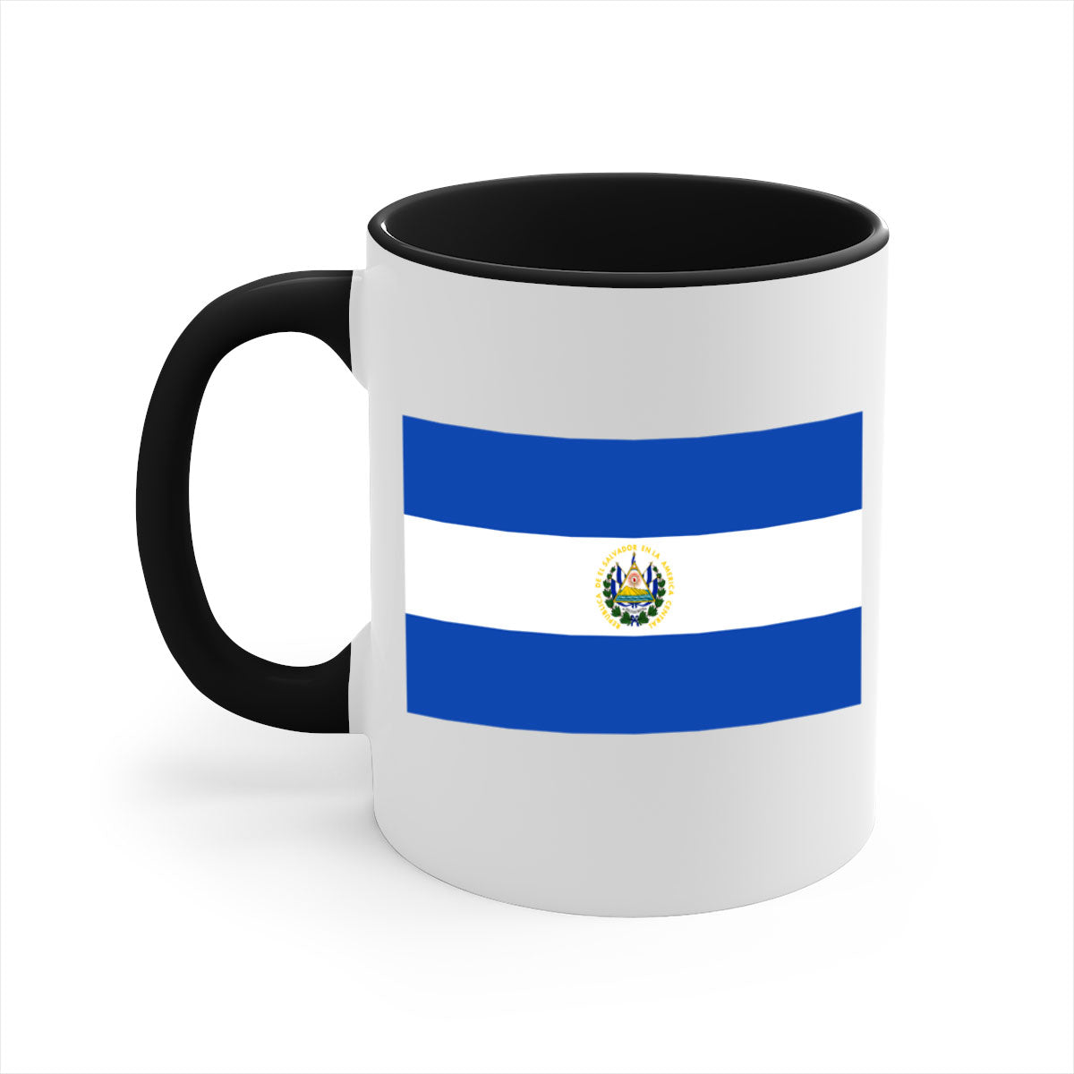El Salvador 145# Mug featuring a glossy finish, colored handle, and interior, available in multiple colors and sizes.