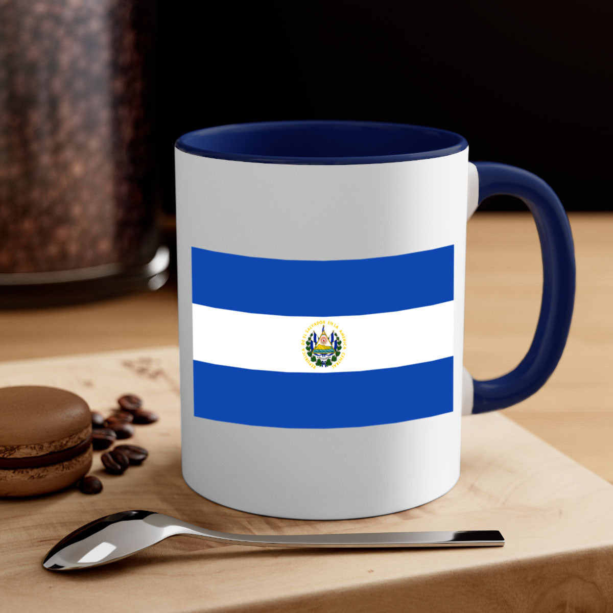 El Salvador 145# Mug featuring a glossy finish, colored handle, and interior, available in multiple colors and sizes.
