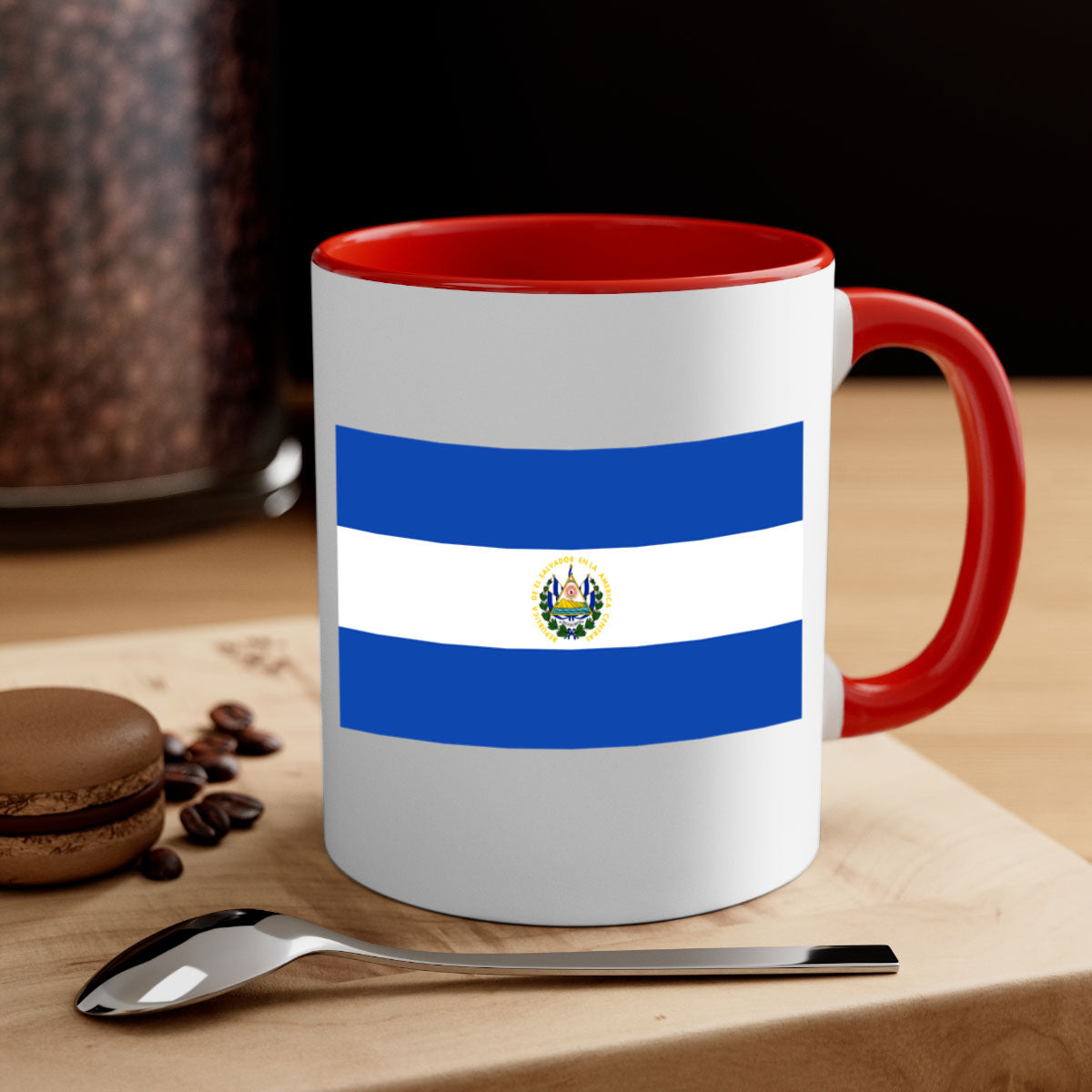 El Salvador 145# Mug featuring a glossy finish, colored handle, and interior, available in multiple colors and sizes.