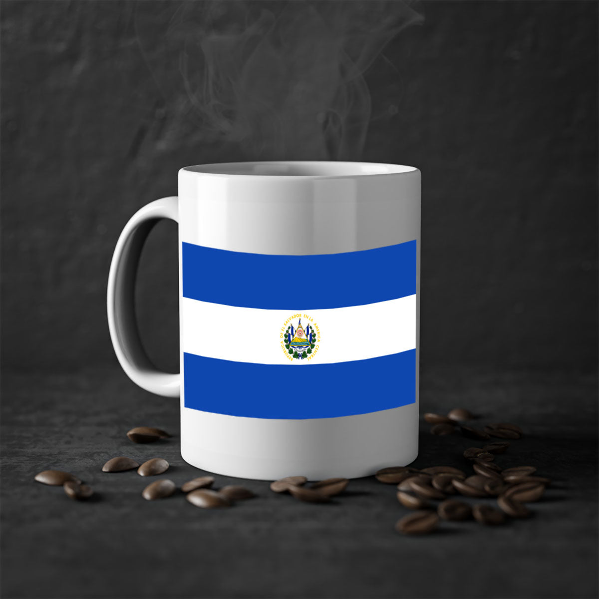 El Salvador 145# Mug featuring a glossy finish, colored handle, and interior, available in multiple colors and sizes.
