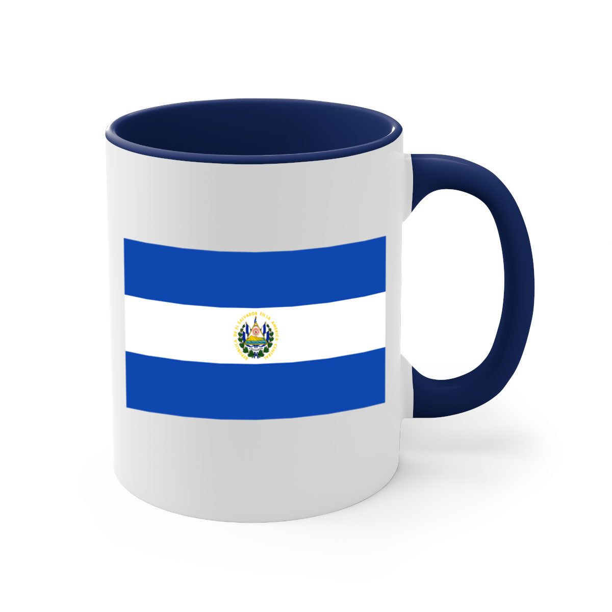 El Salvador 145# Mug featuring a glossy finish, colored handle, and interior, available in multiple colors and sizes.
