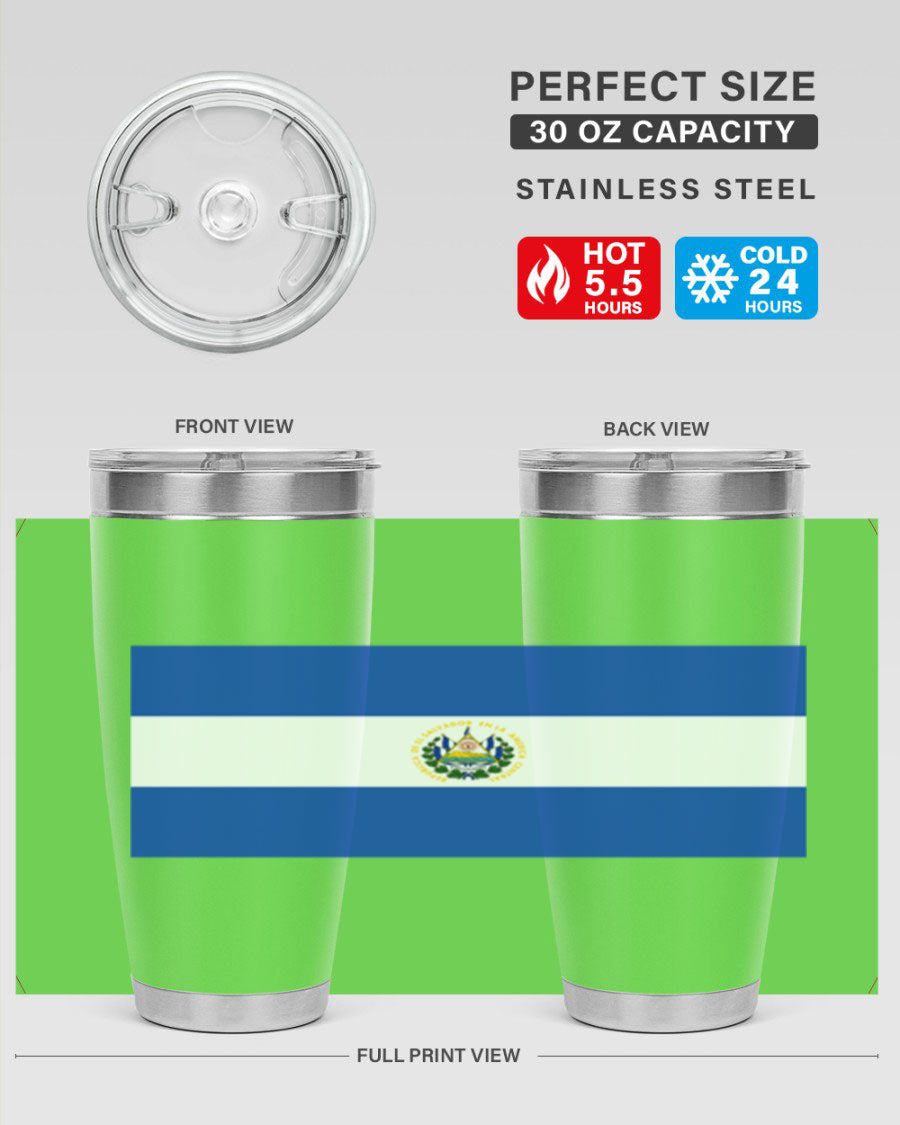 El Salvador 145# Tumbler featuring a vibrant design, double wall vacuum stainless steel construction, and a drink-thru lid.