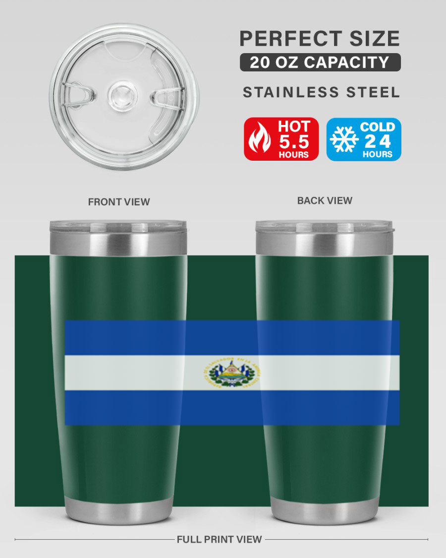 El Salvador 145# Tumbler featuring a vibrant design, double wall vacuum stainless steel construction, and a drink-thru lid.