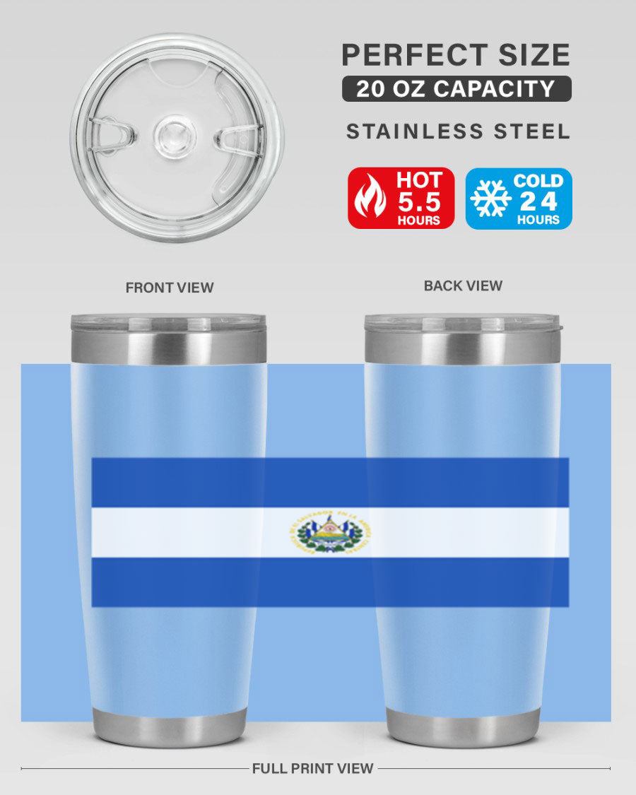 El Salvador 145# Tumbler featuring a vibrant design, double wall vacuum stainless steel construction, and a drink-thru lid.
