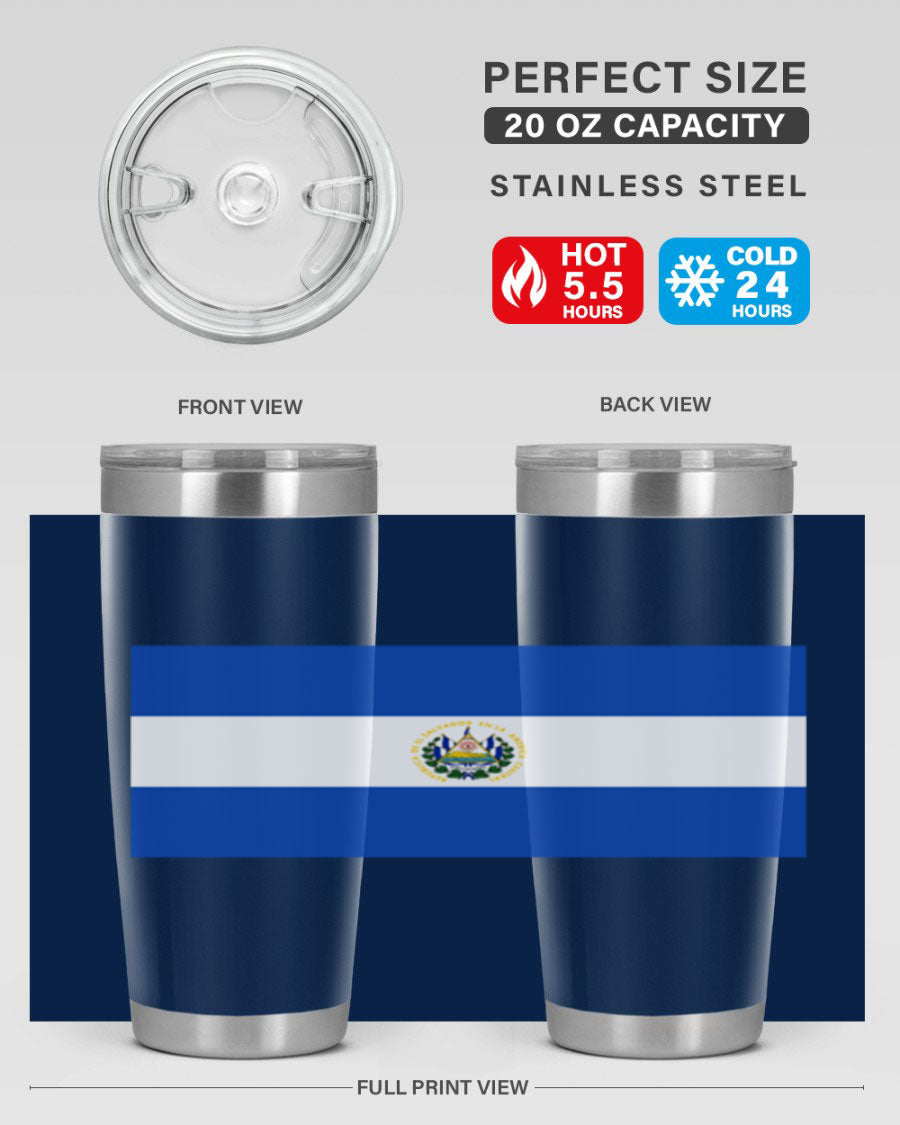 El Salvador 145# Tumbler featuring a vibrant design, double wall vacuum stainless steel construction, and a drink-thru lid.