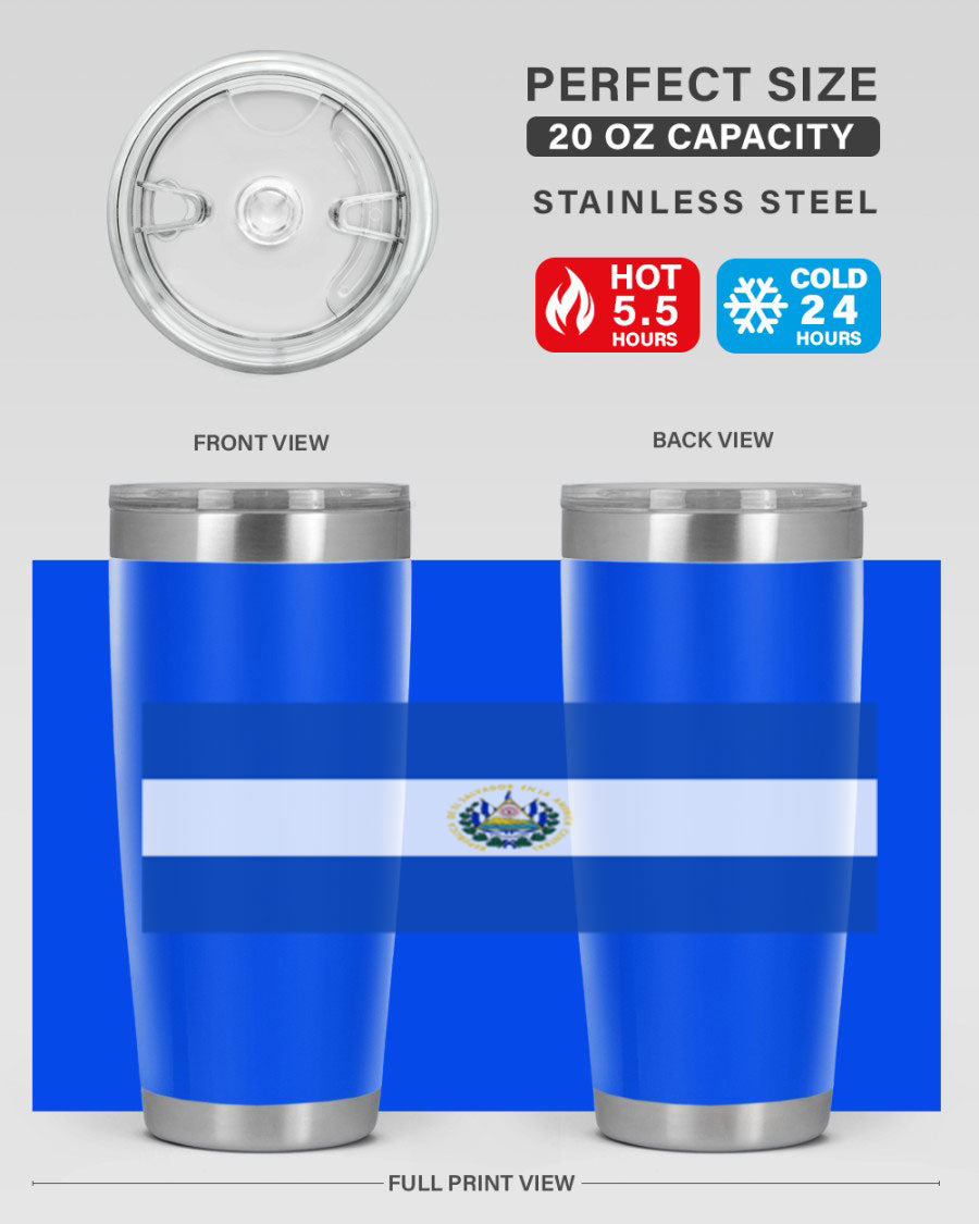 El Salvador 145# Tumbler featuring a vibrant design, double wall vacuum stainless steel construction, and a drink-thru lid.