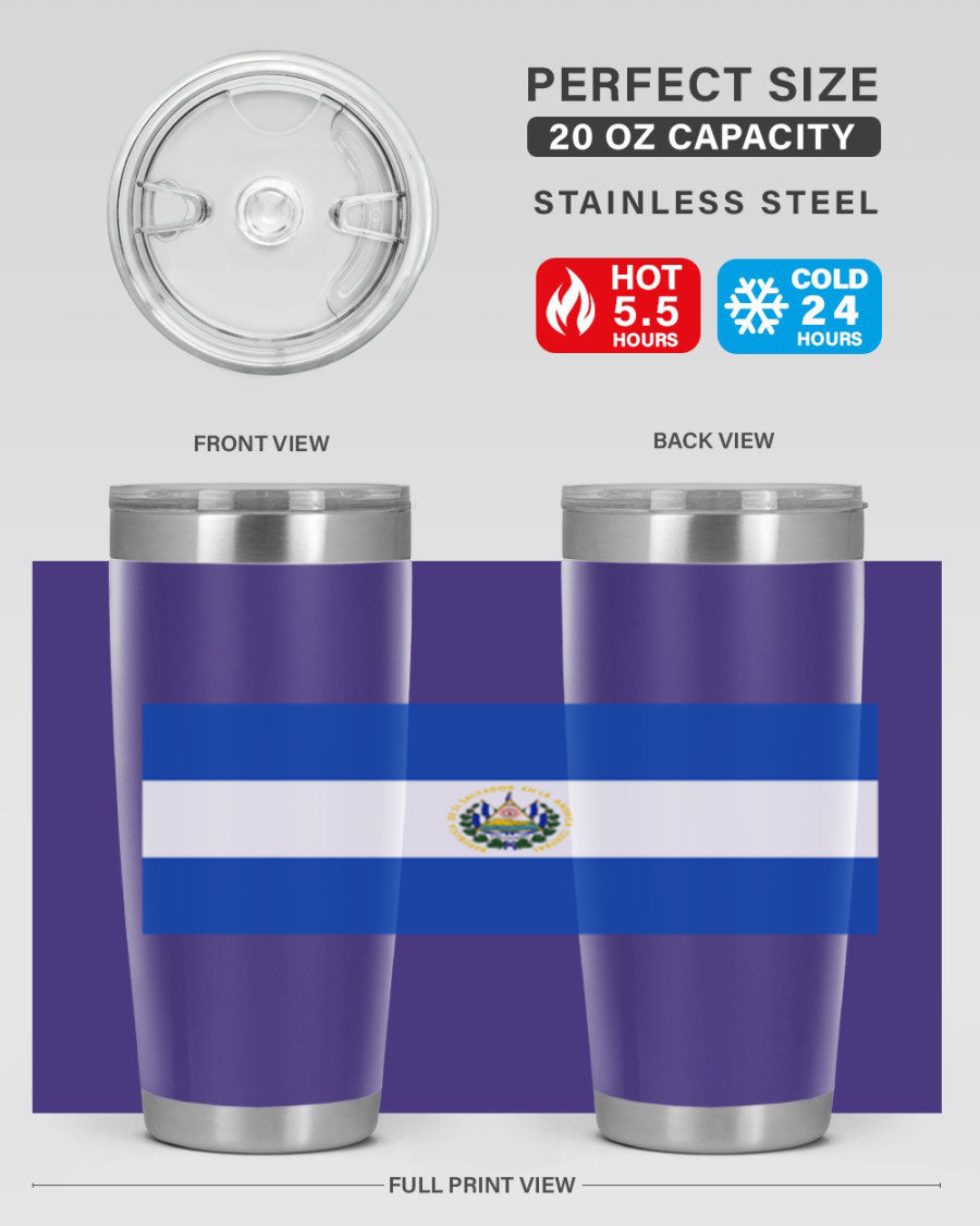 El Salvador 145# Tumbler featuring a vibrant design, double wall vacuum stainless steel construction, and a drink-thru lid.