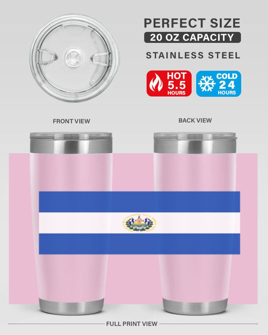 El Salvador 145# Tumbler featuring a vibrant design, double wall vacuum stainless steel construction, and a drink-thru lid.