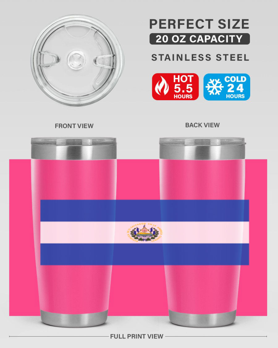 El Salvador 145# Tumbler featuring a vibrant design, double wall vacuum stainless steel construction, and a drink-thru lid.