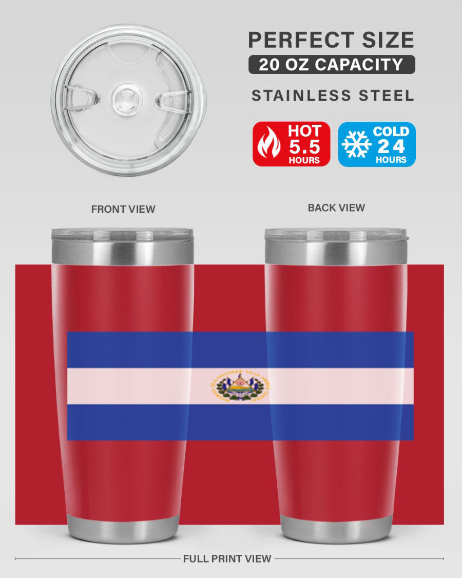 El Salvador 145# Tumbler featuring a vibrant design, double wall vacuum stainless steel construction, and a drink-thru lid.