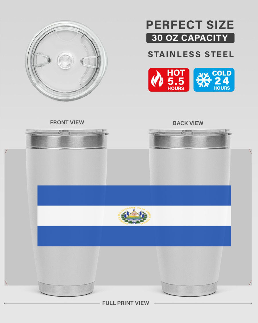 El Salvador 145# Tumbler featuring a vibrant design, double wall vacuum stainless steel construction, and a drink-thru lid.