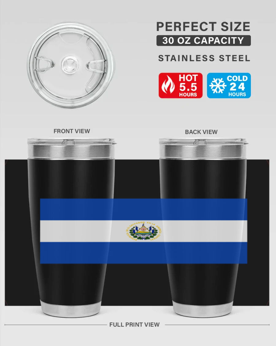 El Salvador 145# Tumbler featuring a vibrant design, double wall vacuum stainless steel construction, and a drink-thru lid.