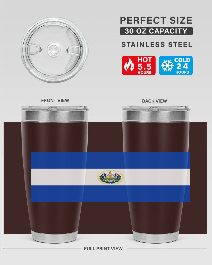 El Salvador 145# Tumbler featuring a vibrant design, double wall vacuum stainless steel construction, and a drink-thru lid.