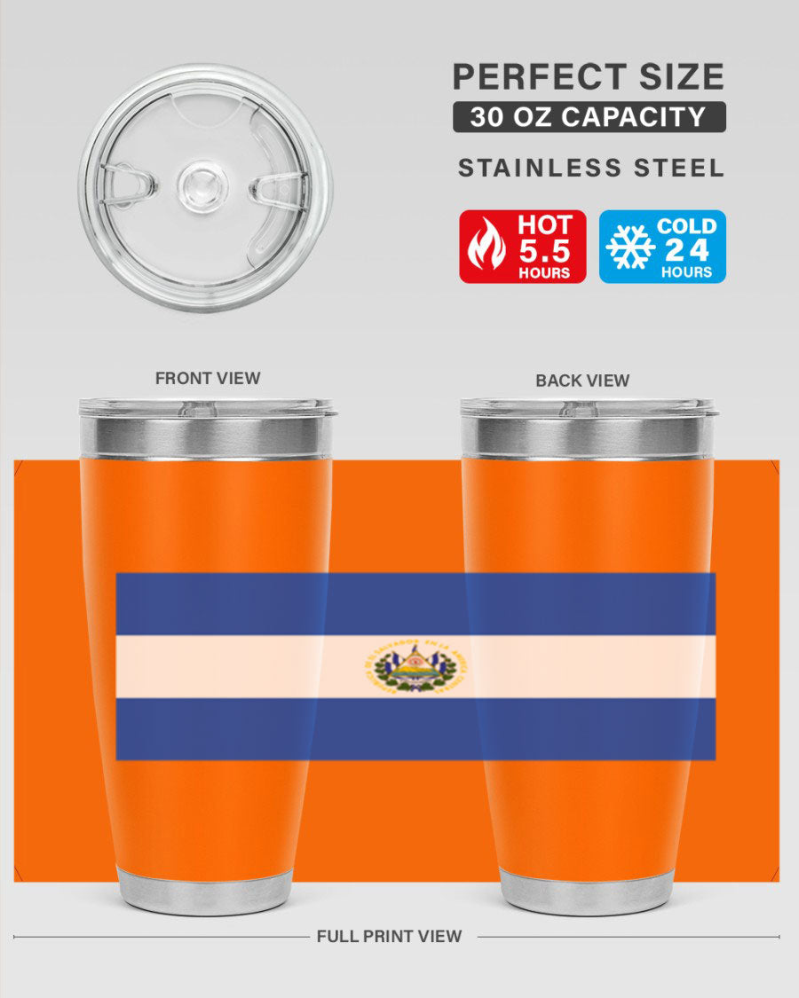 El Salvador 145# Tumbler featuring a vibrant design, double wall vacuum stainless steel construction, and a drink-thru lid.