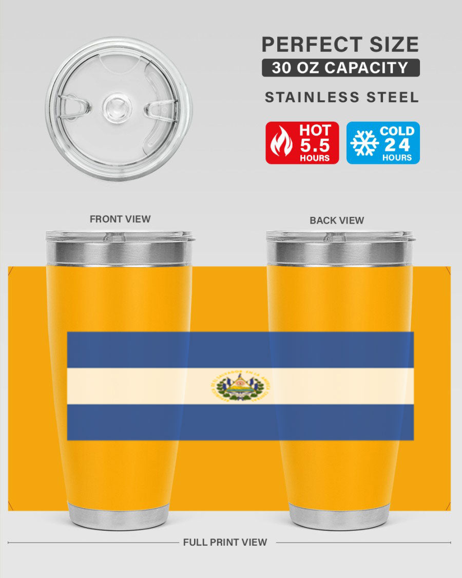 El Salvador 145# Tumbler featuring a vibrant design, double wall vacuum stainless steel construction, and a drink-thru lid.