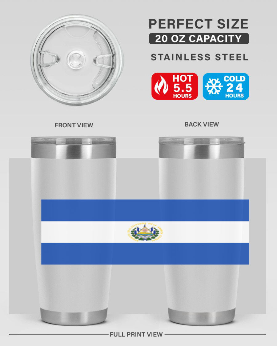 El Salvador 145# Tumbler featuring a vibrant design, double wall vacuum stainless steel construction, and a drink-thru lid.
