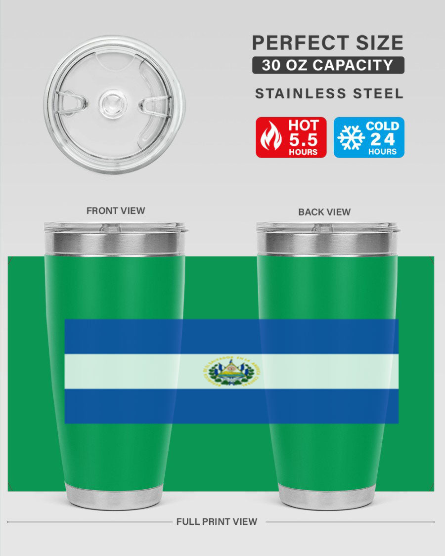 El Salvador 145# Tumbler featuring a vibrant design, double wall vacuum stainless steel construction, and a drink-thru lid.