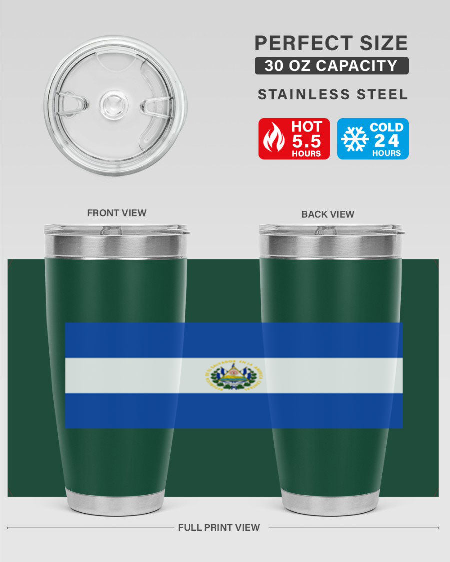 El Salvador 145# Tumbler featuring a vibrant design, double wall vacuum stainless steel construction, and a drink-thru lid.