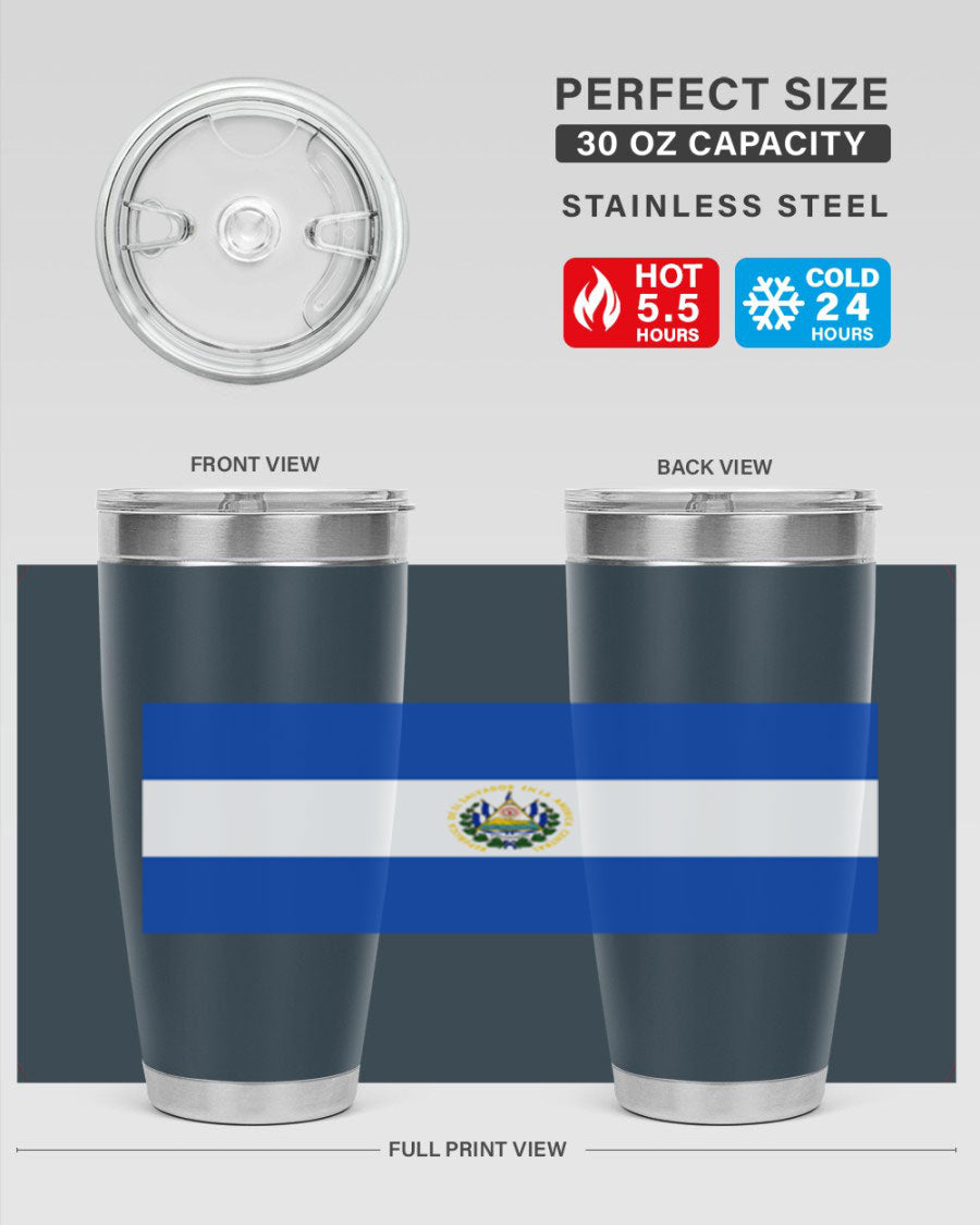 El Salvador 145# Tumbler featuring a vibrant design, double wall vacuum stainless steel construction, and a drink-thru lid.