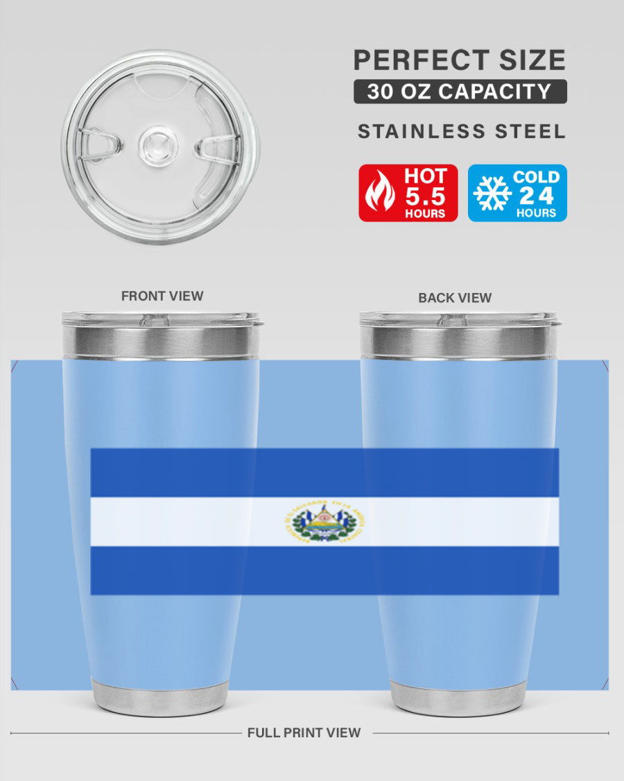 El Salvador 145# Tumbler featuring a vibrant design, double wall vacuum stainless steel construction, and a drink-thru lid.