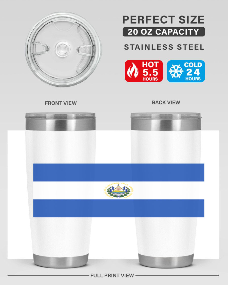 El Salvador 145# Tumbler featuring a vibrant design, double wall vacuum stainless steel construction, and a drink-thru lid.