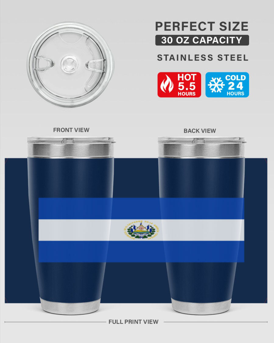 El Salvador 145# Tumbler featuring a vibrant design, double wall vacuum stainless steel construction, and a drink-thru lid.