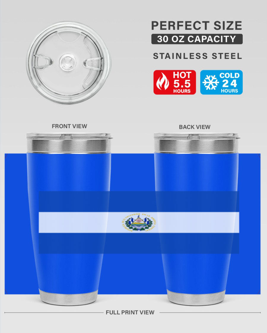 El Salvador 145# Tumbler featuring a vibrant design, double wall vacuum stainless steel construction, and a drink-thru lid.