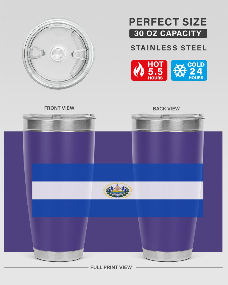 El Salvador 145# Tumbler featuring a vibrant design, double wall vacuum stainless steel construction, and a drink-thru lid.