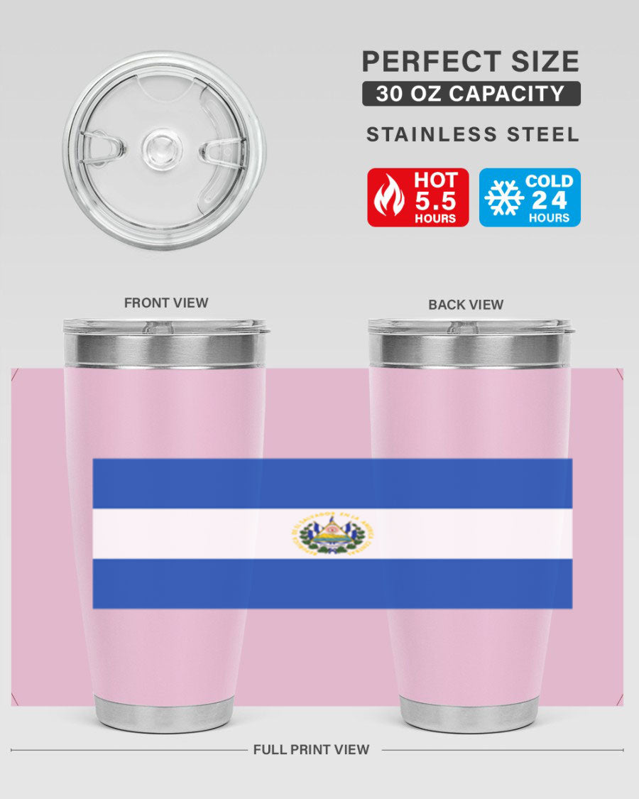 El Salvador 145# Tumbler featuring a vibrant design, double wall vacuum stainless steel construction, and a drink-thru lid.