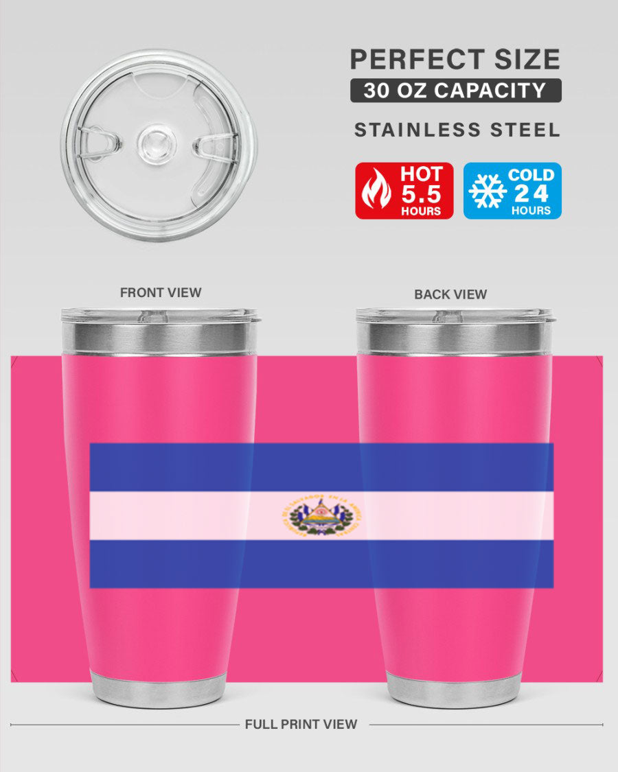 El Salvador 145# Tumbler featuring a vibrant design, double wall vacuum stainless steel construction, and a drink-thru lid.