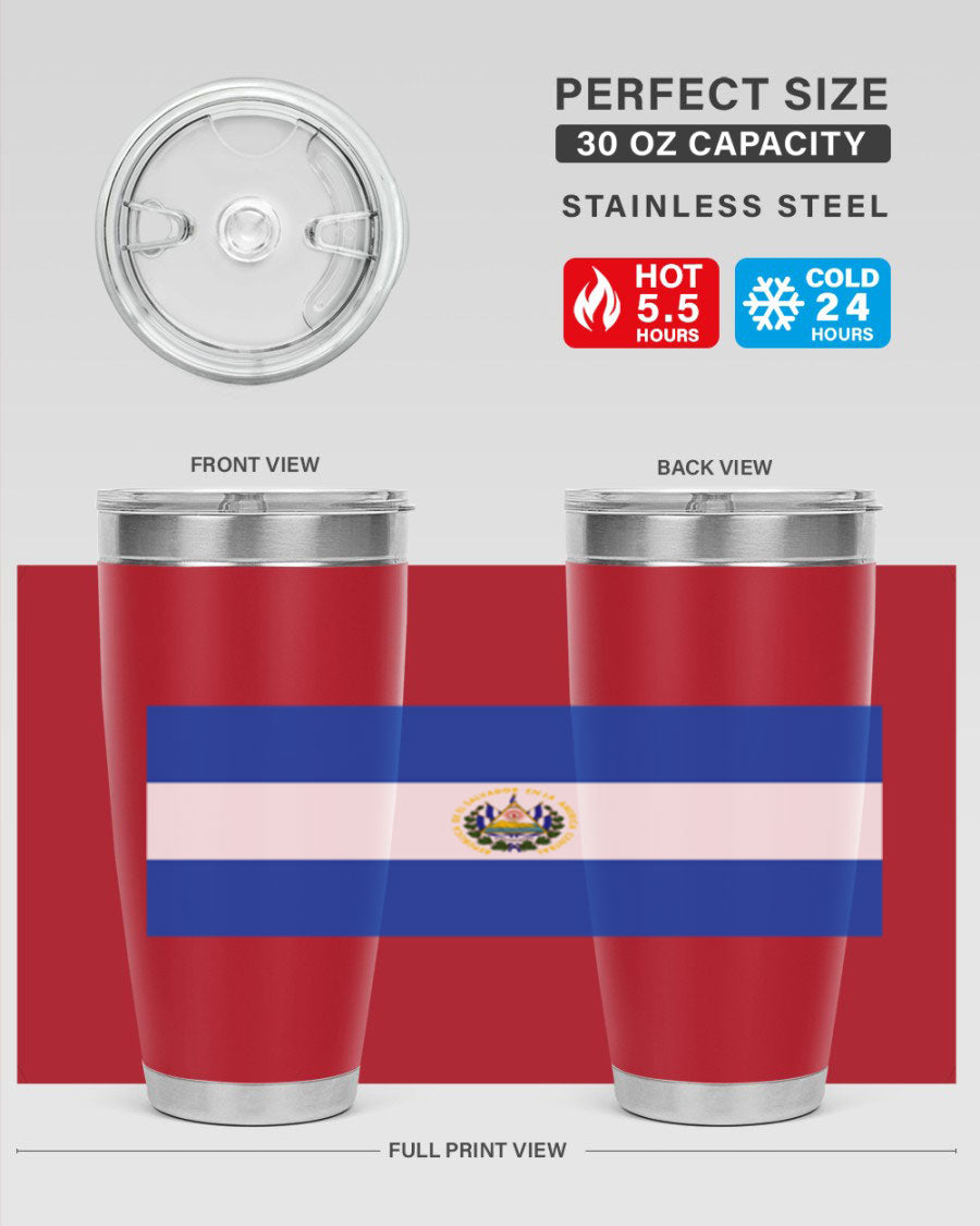 El Salvador 145# Tumbler featuring a vibrant design, double wall vacuum stainless steel construction, and a drink-thru lid.